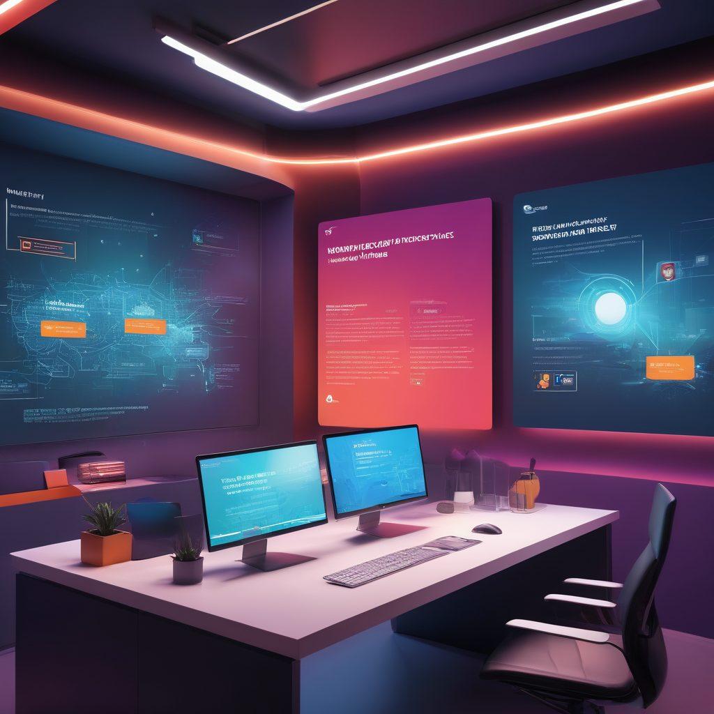 A dynamic scene showcasing a digital workspace filled with 360-degree content examples on sleek screens. Incorporate elements like immersive videos, interactive infographics, and engaging visuals that represent a variety of blogging themes. Use vibrant colors and a futuristic aesthetic to symbolize innovation and creativity in blogging. The workspace should have an inspiring atmosphere with soft lighting and motivational quotes on the walls. super-realistic. vibrant colors. modern design.