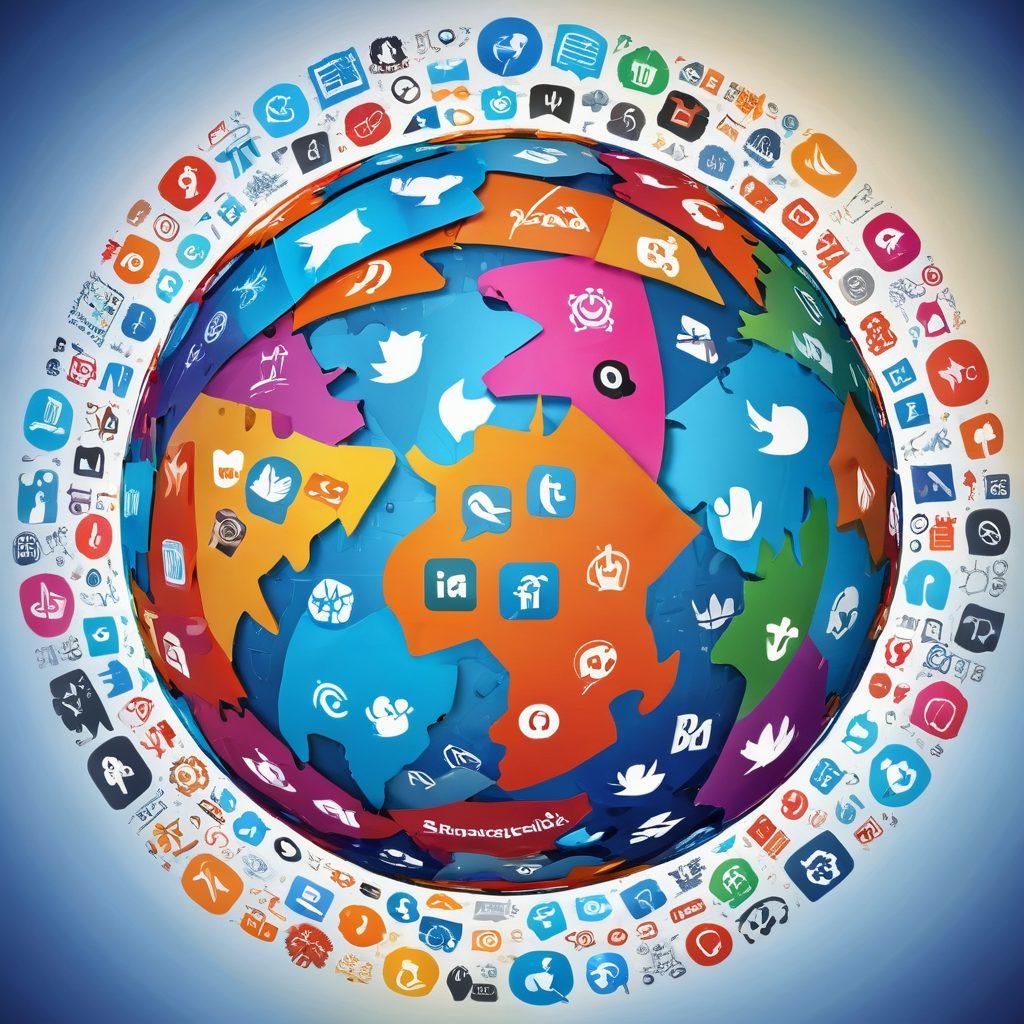 A visually stunning 360-degree globe made of interconnected social media icons, surrounded by vibrant arrows indicating sharing and engagement. Incorporate people of diverse backgrounds interacting with digital devices, showcasing collaboration and creativity. The background should be a blend of bright, eye-catching colors that evoke energy and excitement. super-realistic. vibrant colors. dynamic composition.